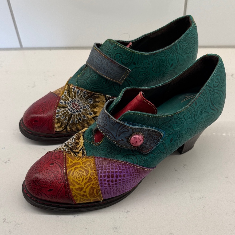 Socofy Multicolor Patchwork Leather Low Heel Mary Jane Shoes sz 41 vintage